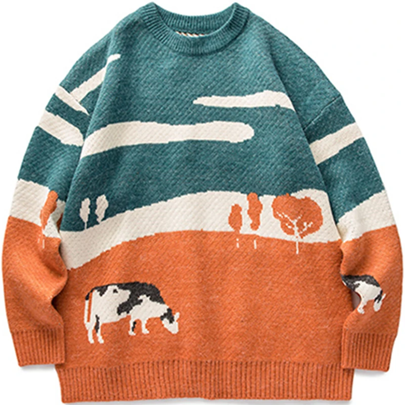 2021 Men Cows Vintage Winter Warm Daily Knitwear Pullover Male Korean Fashions O-Neck Sweater Women Casual Harajuku Clothes