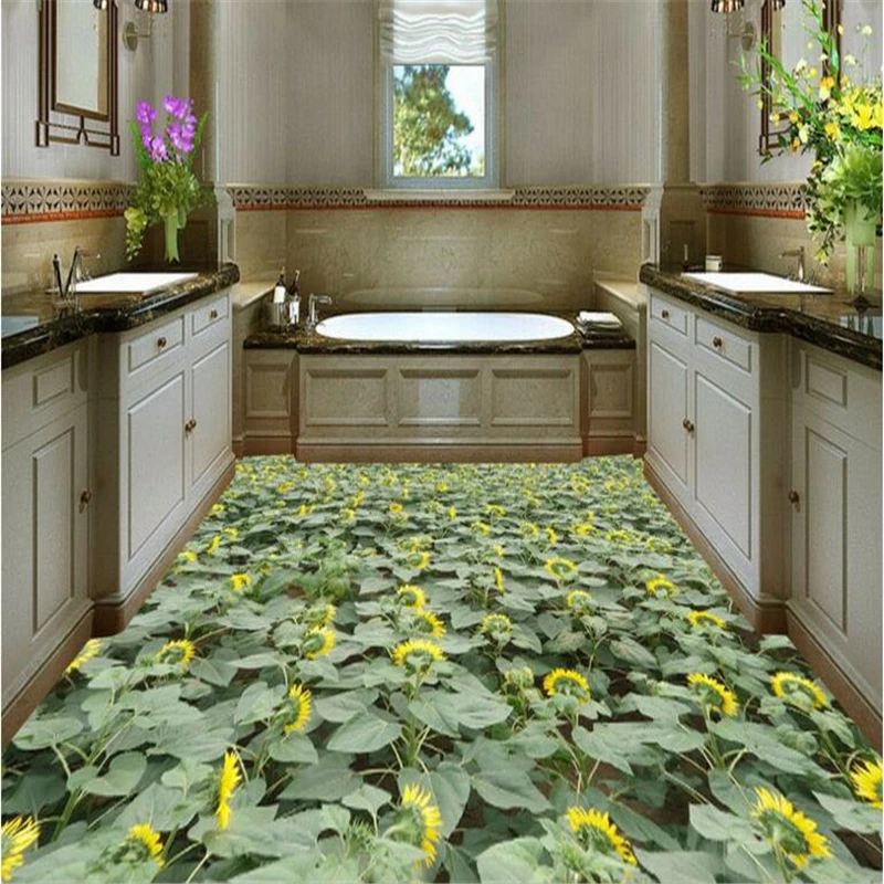 

wellyu Custom large-scale mural PVC floor idyllic color sunflower family bathroom 3D three-dimensional thick waterproof floor