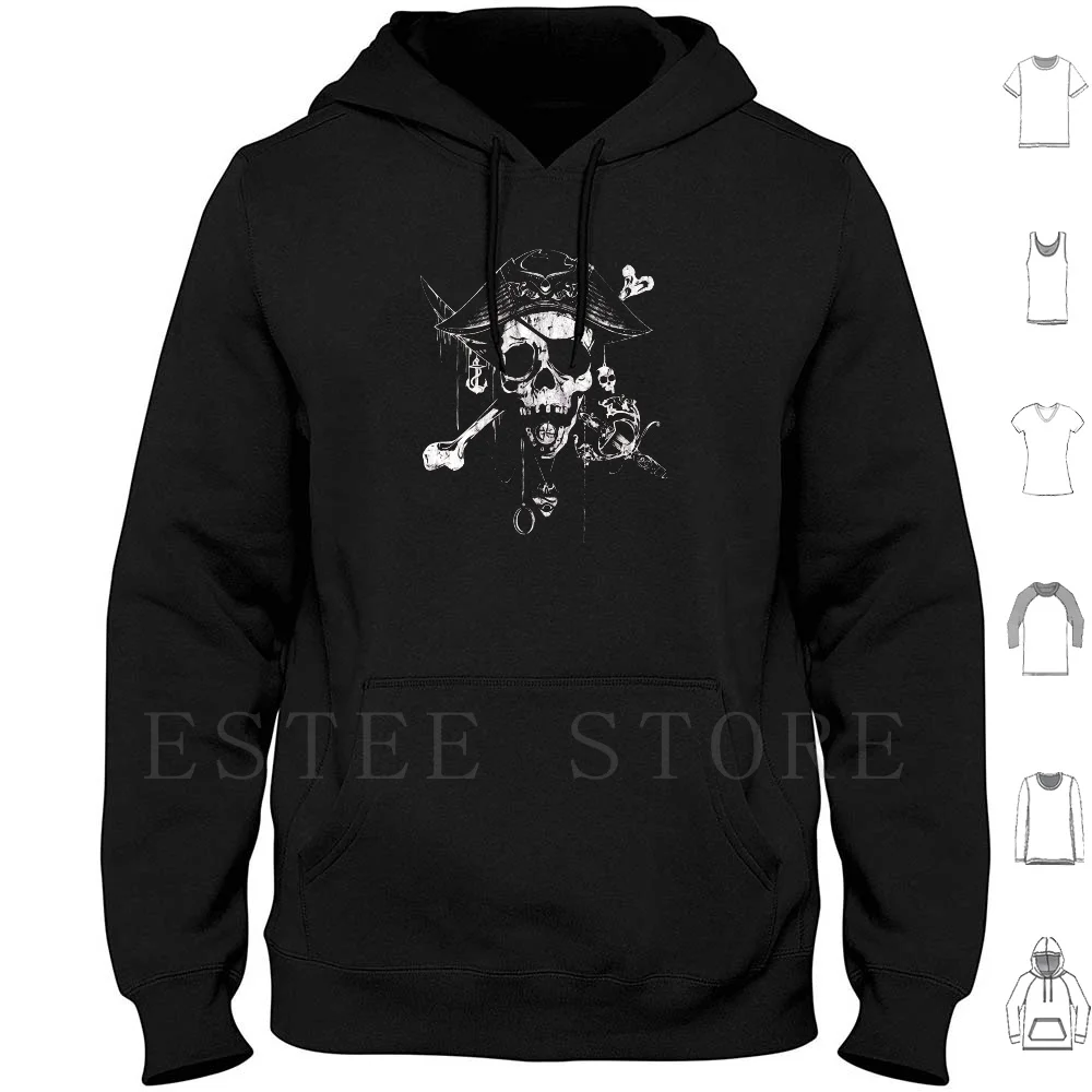 Pirate Skull Sword And Bones Jolly Roger Distressed Graphic Hoodies Long Sleeve Calico Jack Pirate Flag Jolly Roger