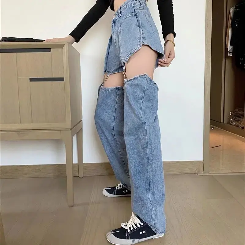 Women Straight Leg Ripped Jeans For Women Fashion Loose Hole Streetwear Women High Waist Pants Hole Boyfriend Denim Trousers