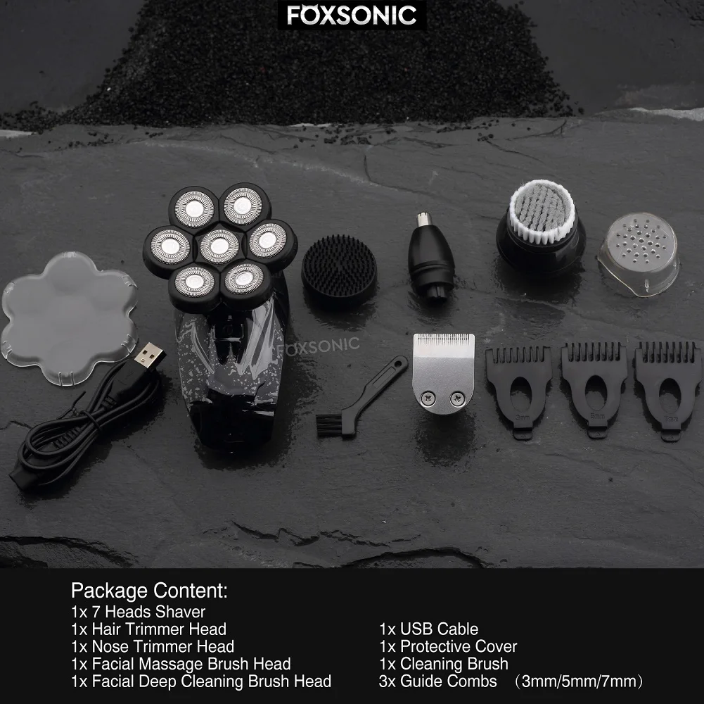 FOXSONIC Alat Cukur Pria 7D Independen 7 Pisau Kepala Mengambang Tahan Air Pisau Cukur Listrik Pemangkas Jenggot Untuk Pria