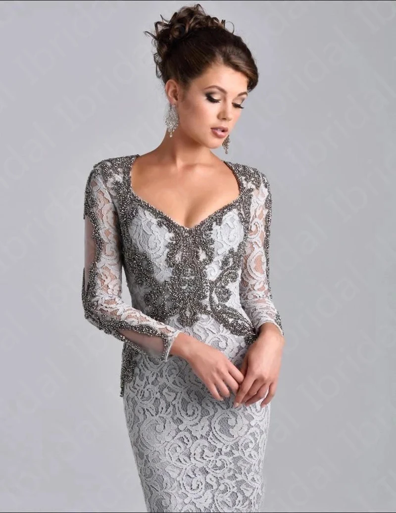 Ultima elegante sirena d'argento madre della sposa abiti in pizzo maniche lunghe scollo a V perline corpetto abiti da sposa 2023