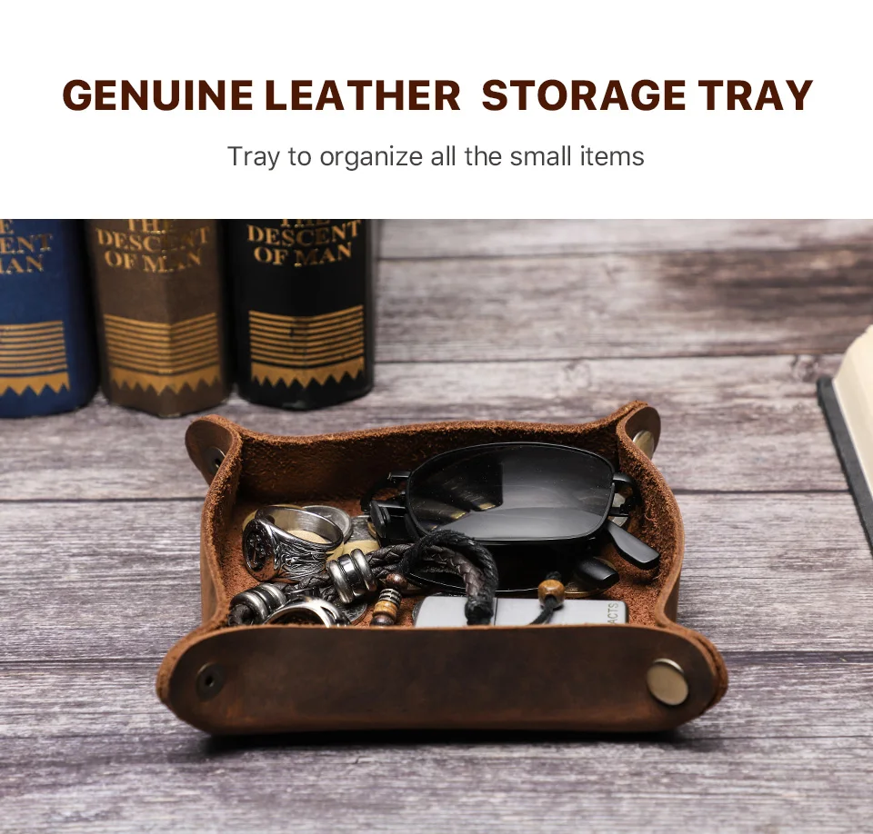 Creative Genuine Leather Valet Snap Tray Home Ofiice Desk Organizer Jewelry Pen Key Coin Desktop Storage Tray Folding Storage