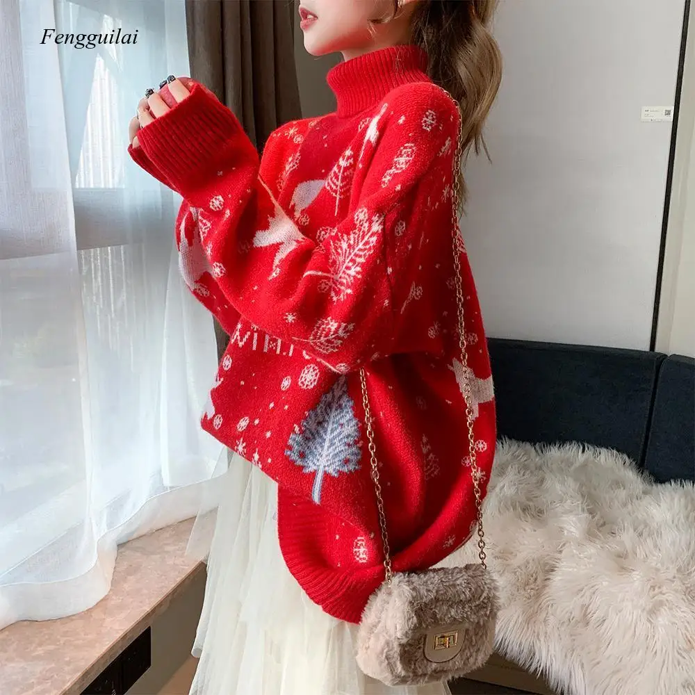 Autumn and Winter Loose Wearing Retro Hong Kong Flavor Wear Christmas Super Fairy Turtleneck Pullover Sweater Women Lazy Trend