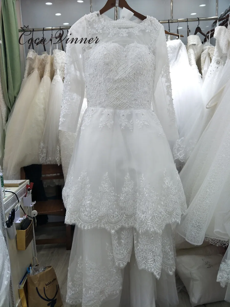 ที่กําหนดเองไข่มุกประดับด้วยลูกปัด 2 IN 1 ชุดแต่งงานสายกระโปรงที่ถอดออกได้แขนยาวภาพลวงตาชุดแต่งงานลูกไม้ W0278-B