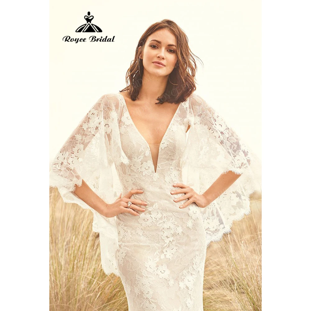 Vestidos de novia de sirena con mangas de murciélago, ropa de boda bohemia de encaje, Sexy, con cuello en V, gran oferta