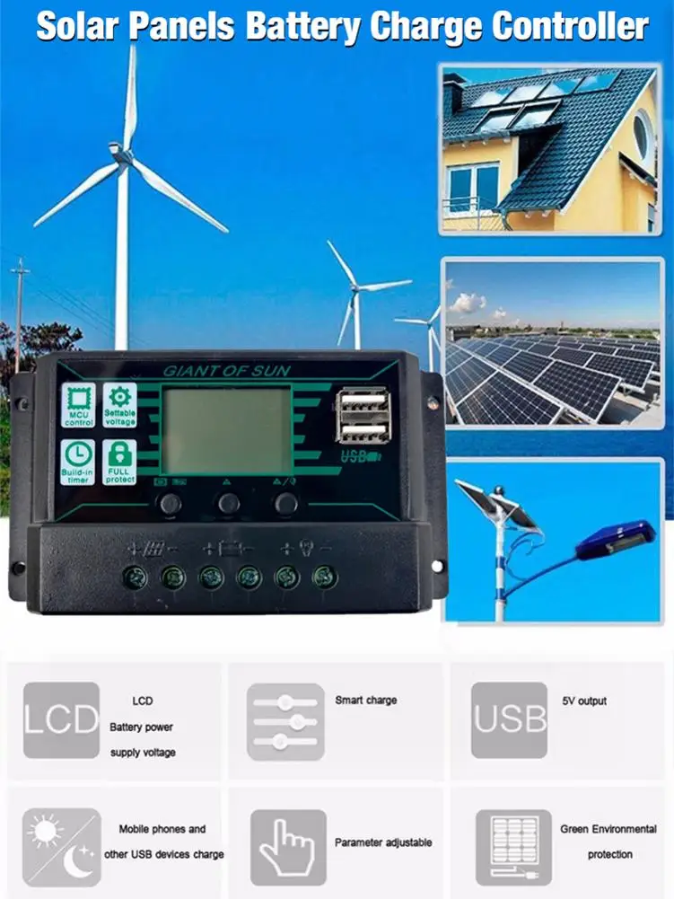 10A 20A 30A 40A 50A 60A 100A MPPT PWM Solar Charge Controller 12V 24V Solar Panel Battery Regulator 2 USB Port LCD Display