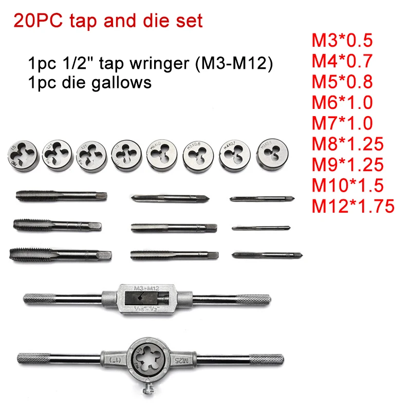 Imagem -05 - Toque e Die Bit Grupo Metric Wrench Cut M3-m12 Ferramenta de Rosqueamento Manual Carboneto de Tungstênio Tap Die Screw Thread Making 12 Pcs 20 Pcs