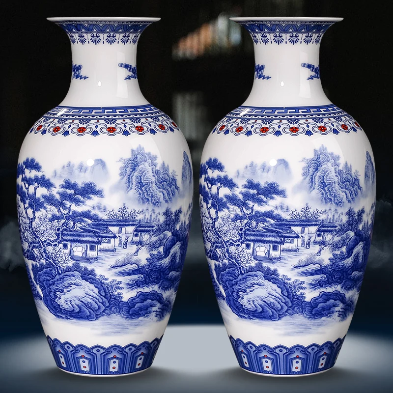 Jingdezhen Ceramics Blue And White Landscape Pattern Vase Ornaments Chinese Living Room Wine Cabinet Antique Eggshell Vase