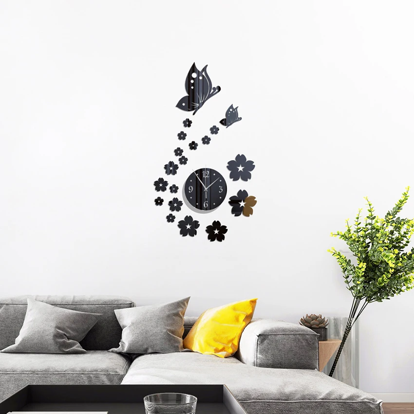 Round Mirror Wall Clock with Butterfly Flowers, Large Size Silent 3D Frameless Wall Clock Stickers DIY Wall Decoration, 4 Colors