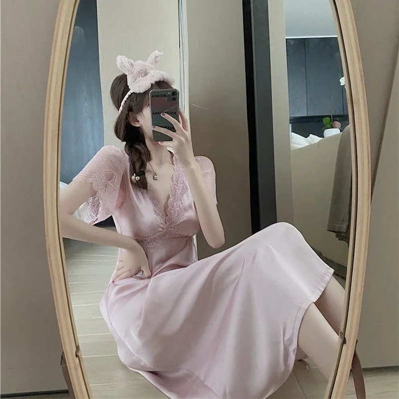 Women Nightgowns Sexy Elegant Slim V-neck Lace Solid Stylish High Waist Cozy Breathable Sleepshirts Female Chic Retro Ulzzang