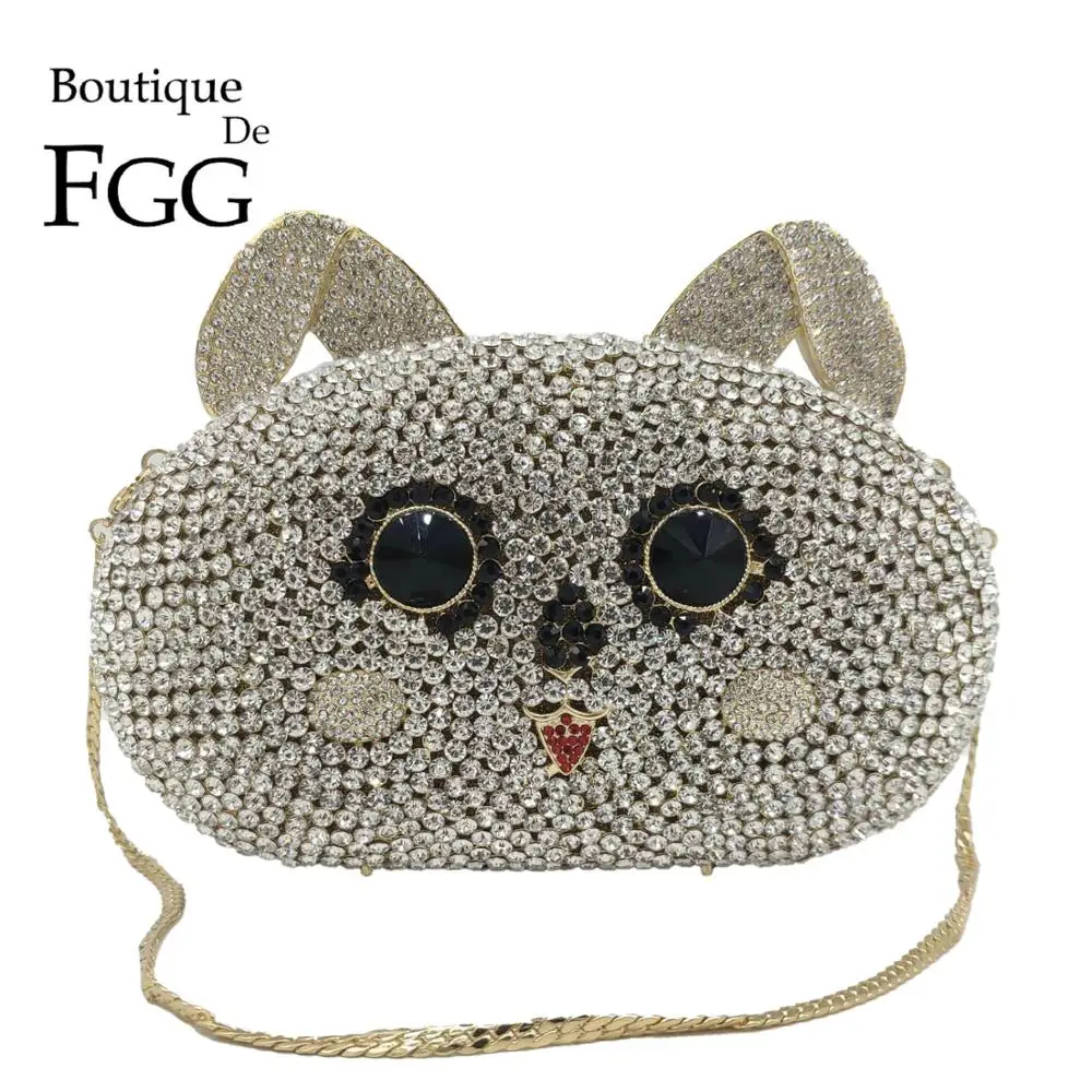 Boutique De FGG Bunny Rabbit Head Women Crystal Clutch Evening Bags Bling Luxury Minaudiere Handbags Wedding Party Purses Bag