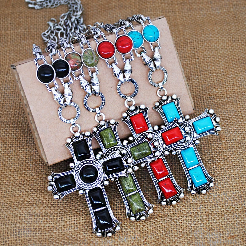 Yumfeel Brand New Vintage Cross Necklace Metal Synthetic Stone Religious Pendants & Necklace Women Men Jewelry