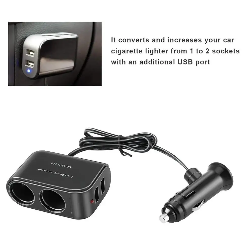 2 Way Car Cigarette Lighter LED Light Switch Auto Socket Splitter Charger USB 12V/24V vehicle lighter adapter