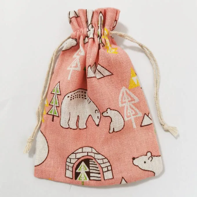 50pcs/lot 13x18cm Lovely Cute Sweet Flower Bear Cotton Linen Bags  Gift Drawstring Bags Coffee Candy Jewelry Packing Bag