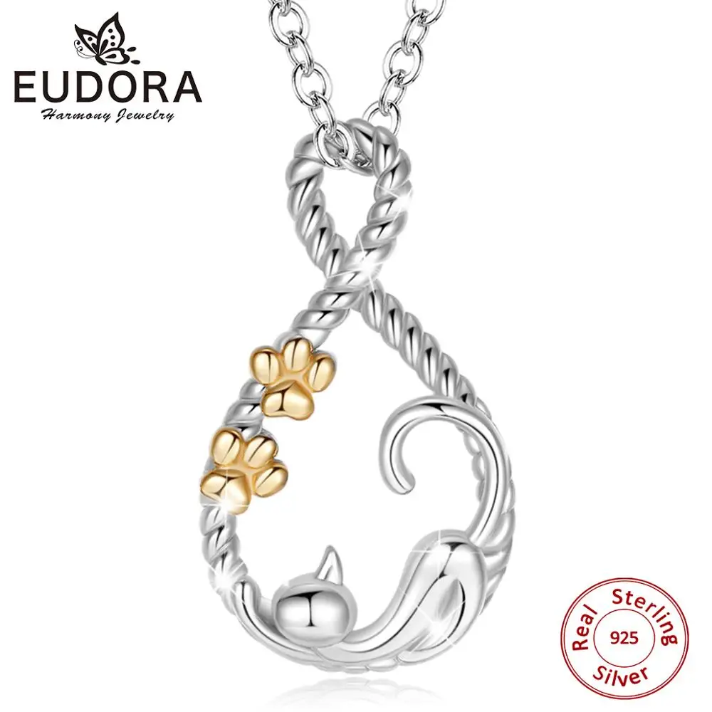 EUDORA Sterling Silver Sleeping Cat Pendant Necklace Gold Color Cat footprint necklace Animal pet Jewelry for lady girl with box