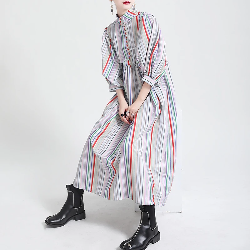 Johnature New Fashion Half Puff Sleeve Striped Women Dresses 2024 Summer Loose Button High Street Turn-down Collar Dress