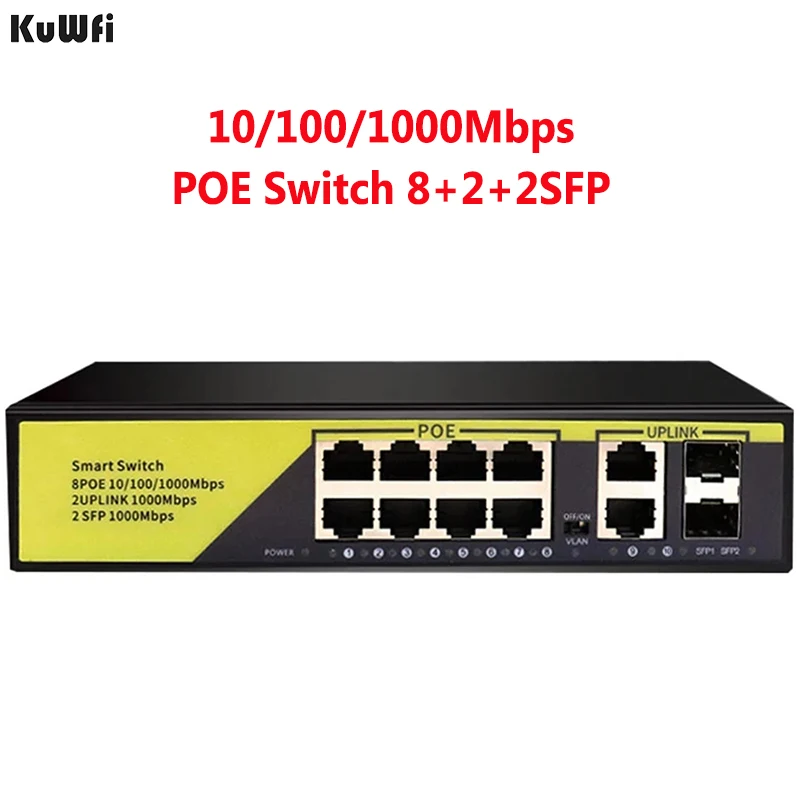 

KuWFi Gigabit POE Switch 52V 10/100/1000Mbps 8 Ports POE+2 Uplinks+2 802.3 af/at Ethernet Network For IP Camera/Wireless AP