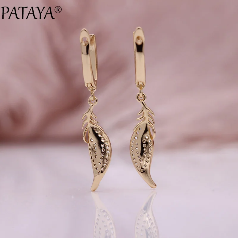 PATAYA New Long Leaf Dangle Earrings Natural Zircon Stereoscopic Women Earring 585 Rose Gold Color Wedding Fine Fashion Jewelry