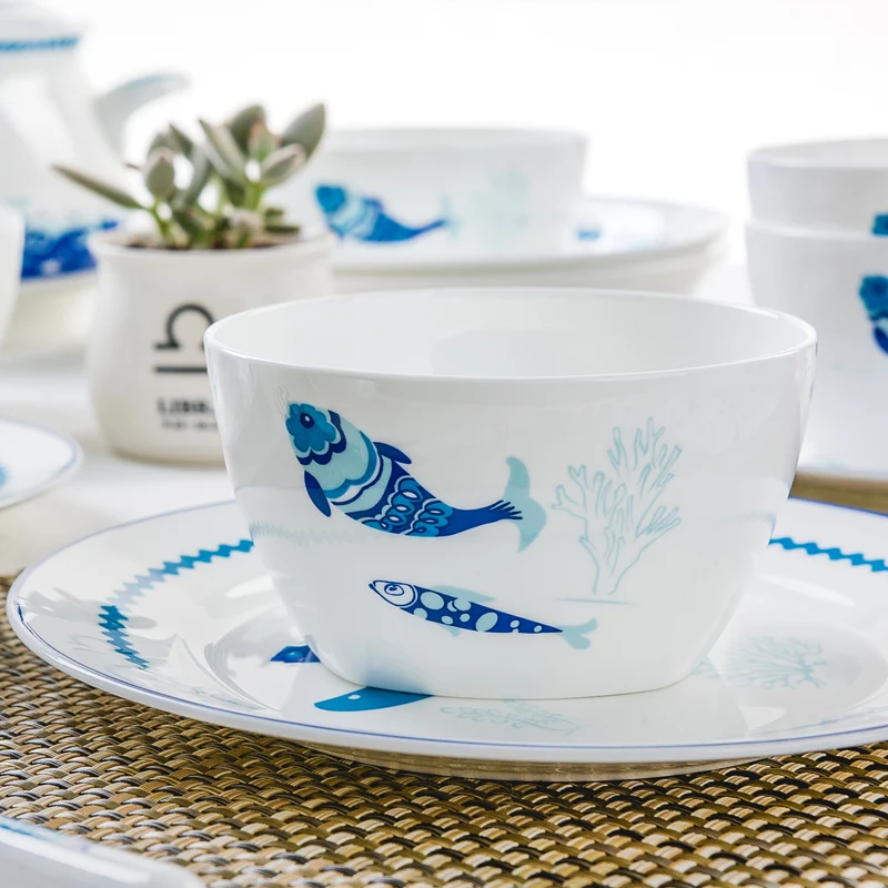 48piece set, bone china fish deisgn dinnerware set, porcelain kitchen chafing dish buffet, ceramic dinner plate tableware, serve