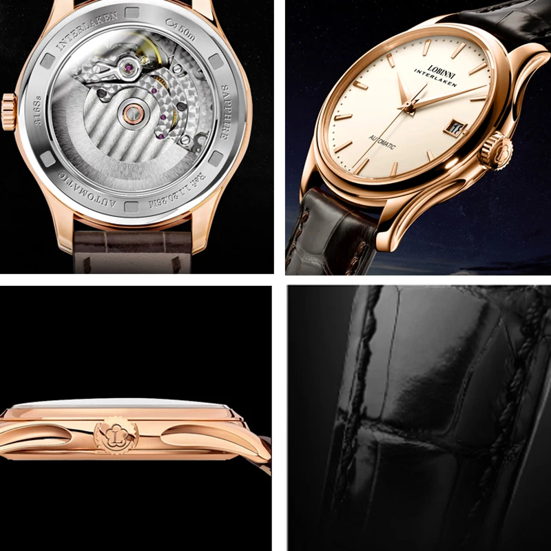 LOBINNI Nuovi orologi meccanici da uomo d'affari Orologio da polso automatico di lusso di marca in vera pelle impermeabile Relogio Masculino