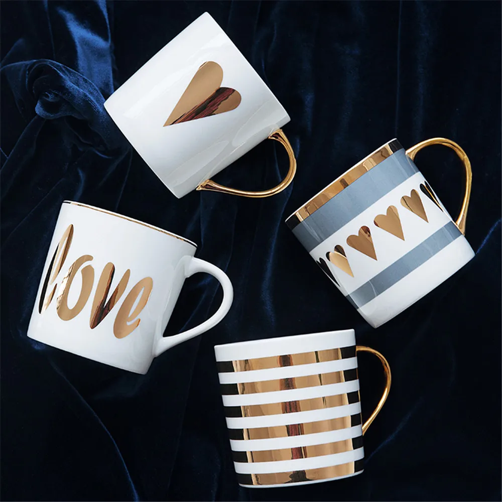 

Creative Ceramic Coffee Mug Breakfast Milk Tea Cups Love Star Stripe Pattern Gold Plating Handle Mug Home Office Drinkware Gift