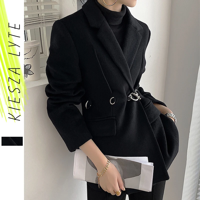 

Women's Black Woollen Suit Jacket Minority 2024 Autumn Winter New Arrival Fashion Belted Thick Wool Coat Outerwear For Lady