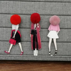 Fashion Brooch Pins for Woman Brooches Girls Cartoon Models Acrylic Brooches Badge Wool Ball Pompom Clothing Jewelry Accessories
