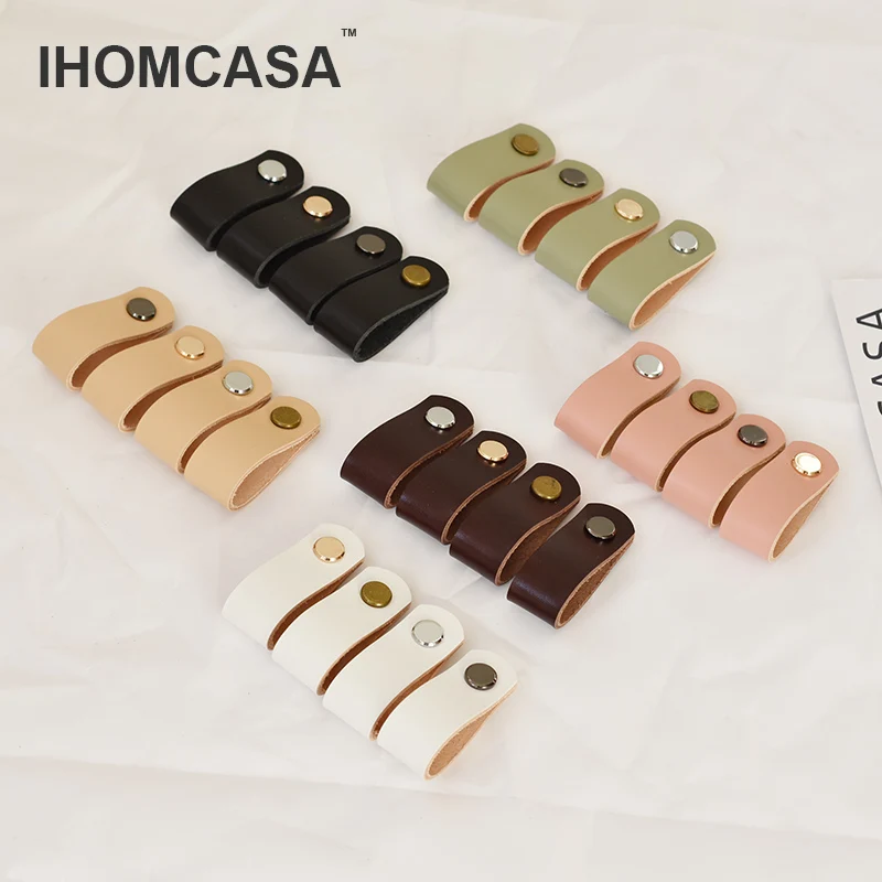 IHOMCASA Brass Vintage Furniture Cabinet Handles Kitchen Dresser Wardrobe Cupboard Drawer Knobs Door Pulls Brown Genuine Leather