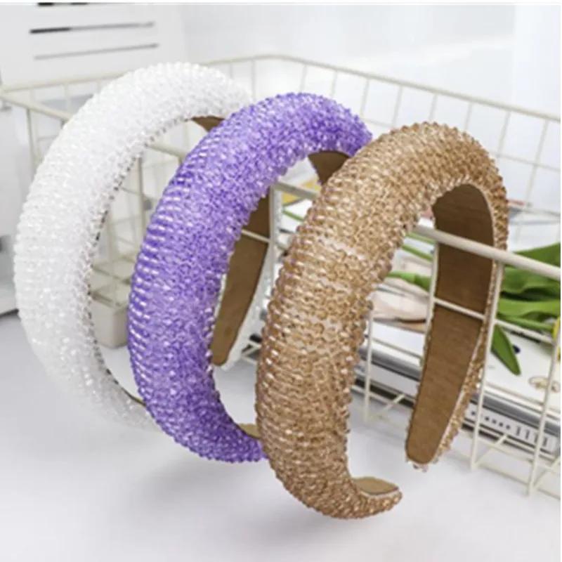 

Full Crystals Beads Winding Padded Headband Women Baroque Style Headpiece Solid Crystals Wide Head Band Girls Thick Sponge Hoop