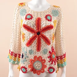 H80&S90 New Women Fashion Crochet Pullover Blouse Shirt Tank Tops Handmade Knit Floral Beach Tunics Bikini Cover Up Swimwear