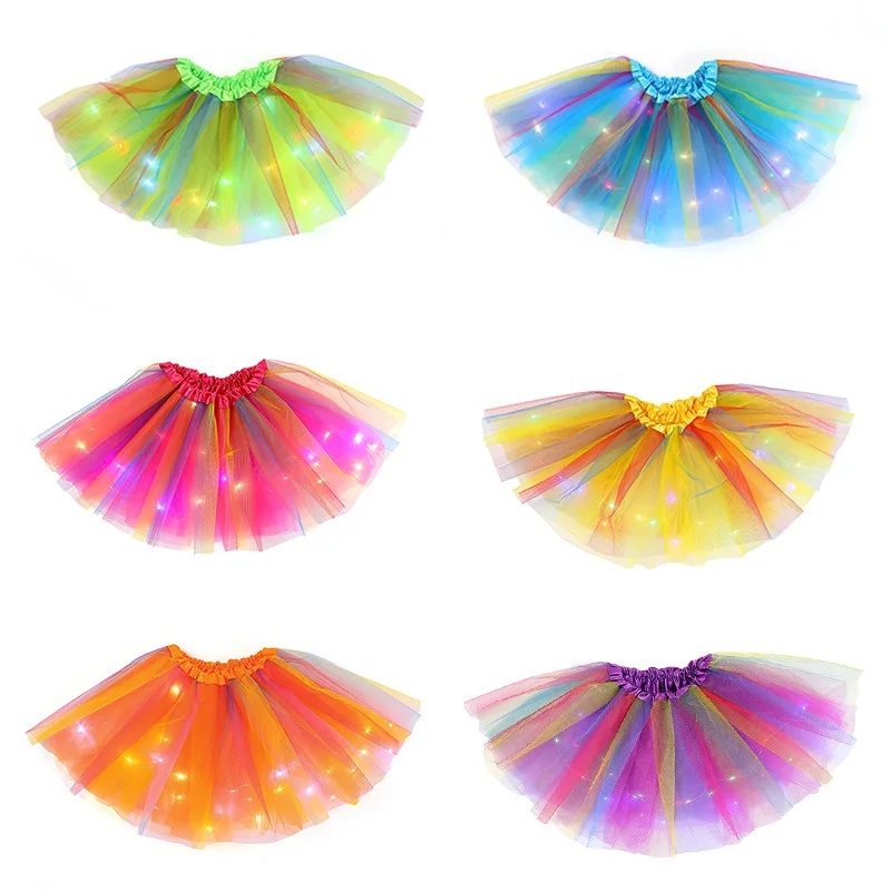 Ballet Dança Arco-íris Saia de tule para meninas, luz LED brilhante, tutu curto, ballet dancewear, traje de festa, vestido de baile, mini saia