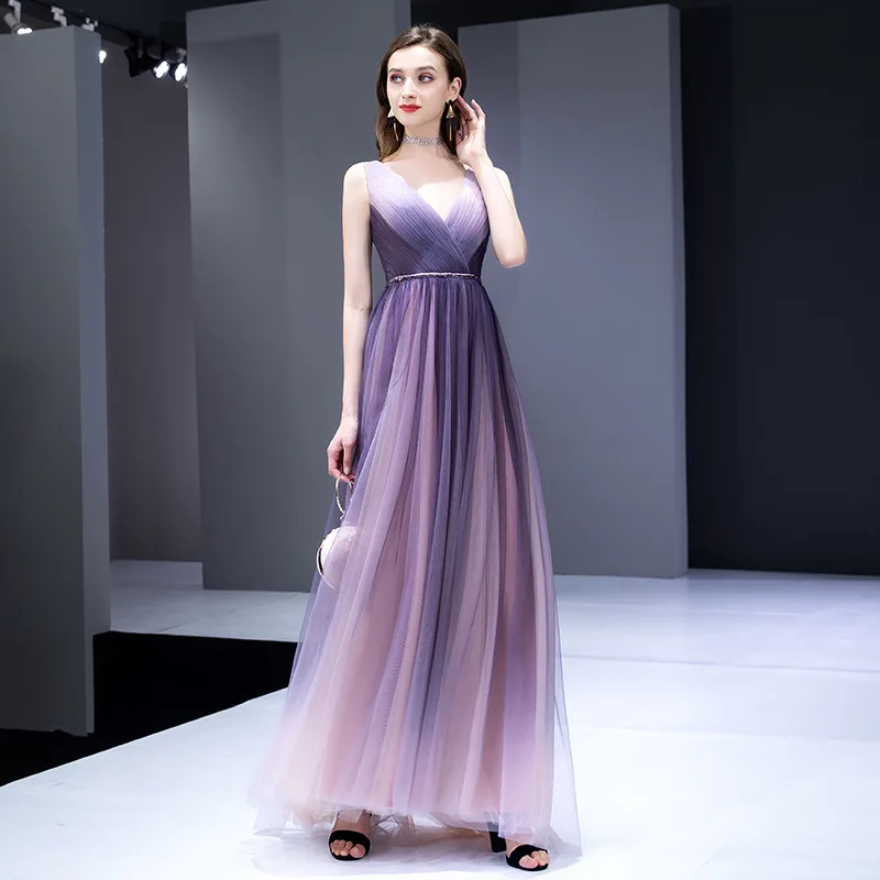 Purple starry evening dress fantasy long banquet dresses elegant gradient color 2020 new fashion sleeveless a line evening dress