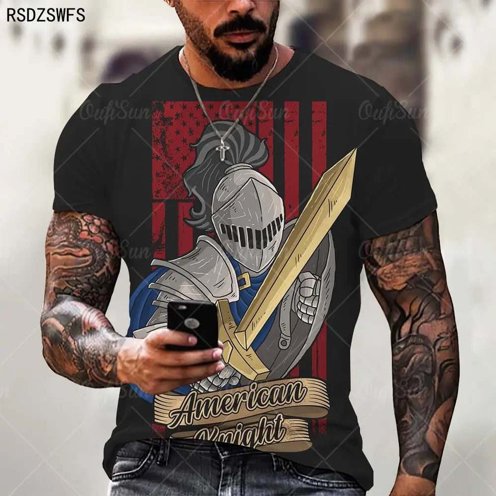 Samurai Pattern Knights Templar 3D Print T-Shirt Retro Style Of European And American Street Short Sleeve T Shirt Men Tops Tees