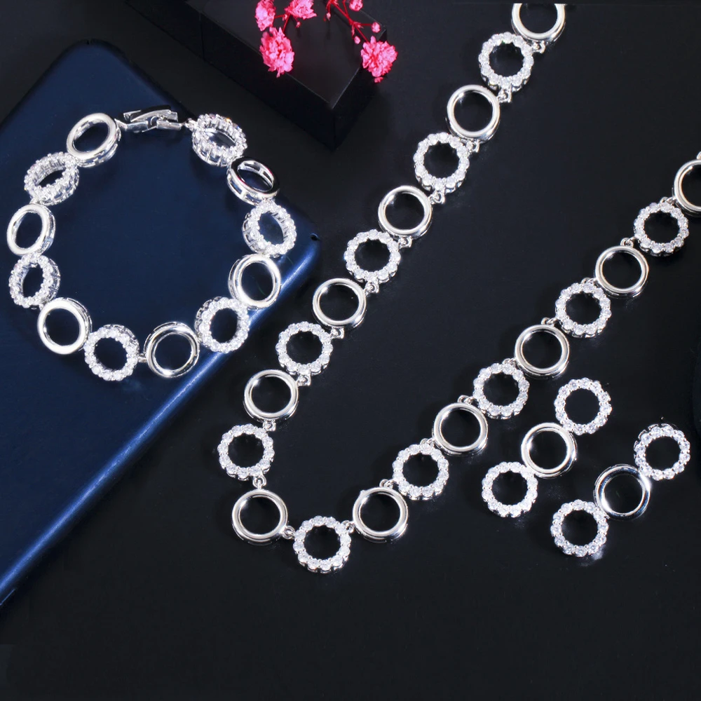 ThreeGraces 3Pcs Gorgeous CZ Gold Color Circle Link Chain Bracelet Necklace Earrings Jewelry Set Women Party Accessories TZ596