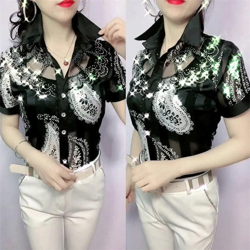 2023 Lace Mesh Shirt for Women Bottoming Shirt Net red Female Blusas Chiffon Shirt long-sleeved Floral Tops Western Blouse Shirt