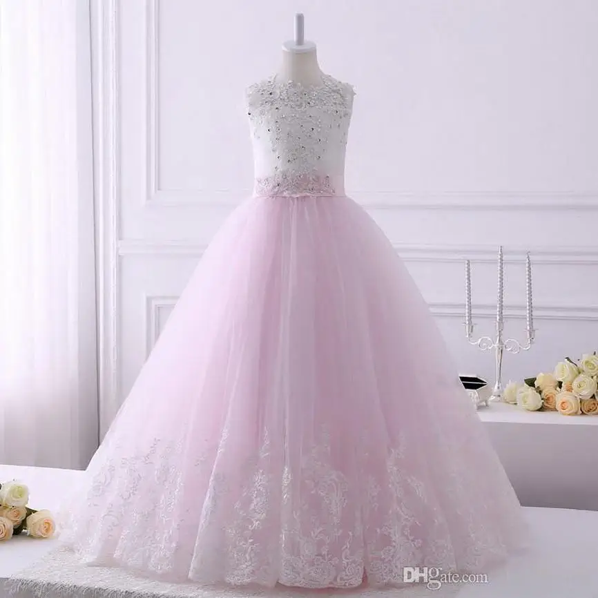 2021 Echte Pics Kant Applicaties Bloem Meisje Jurken Met Bogen Lange Trein Mouwloze Floor Lengte Wedding Party Gown Custom Made