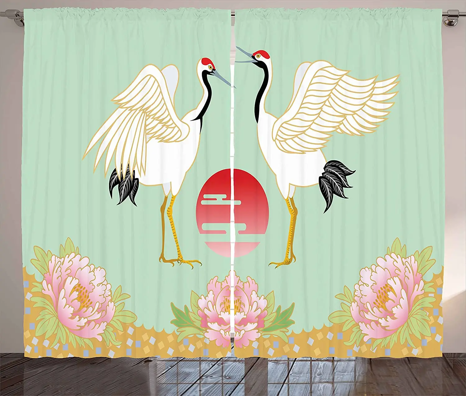 Feather Blackout Curtains Japanese Cranes with Simplistic Sunrise Design Colorful Asian Culture Illustration Window Curtain