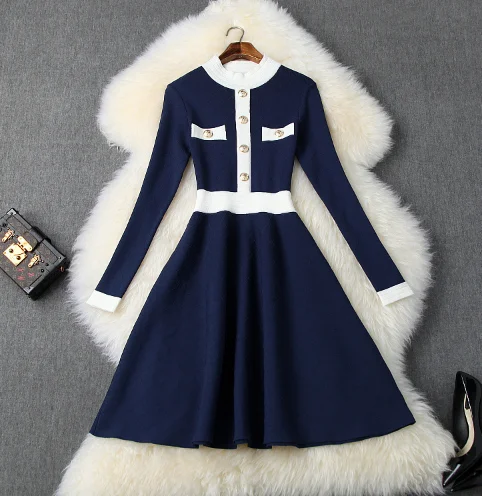 

Winter women's new half-high collar long-sleeved metal button waist Hepburn wind knit dressT3717