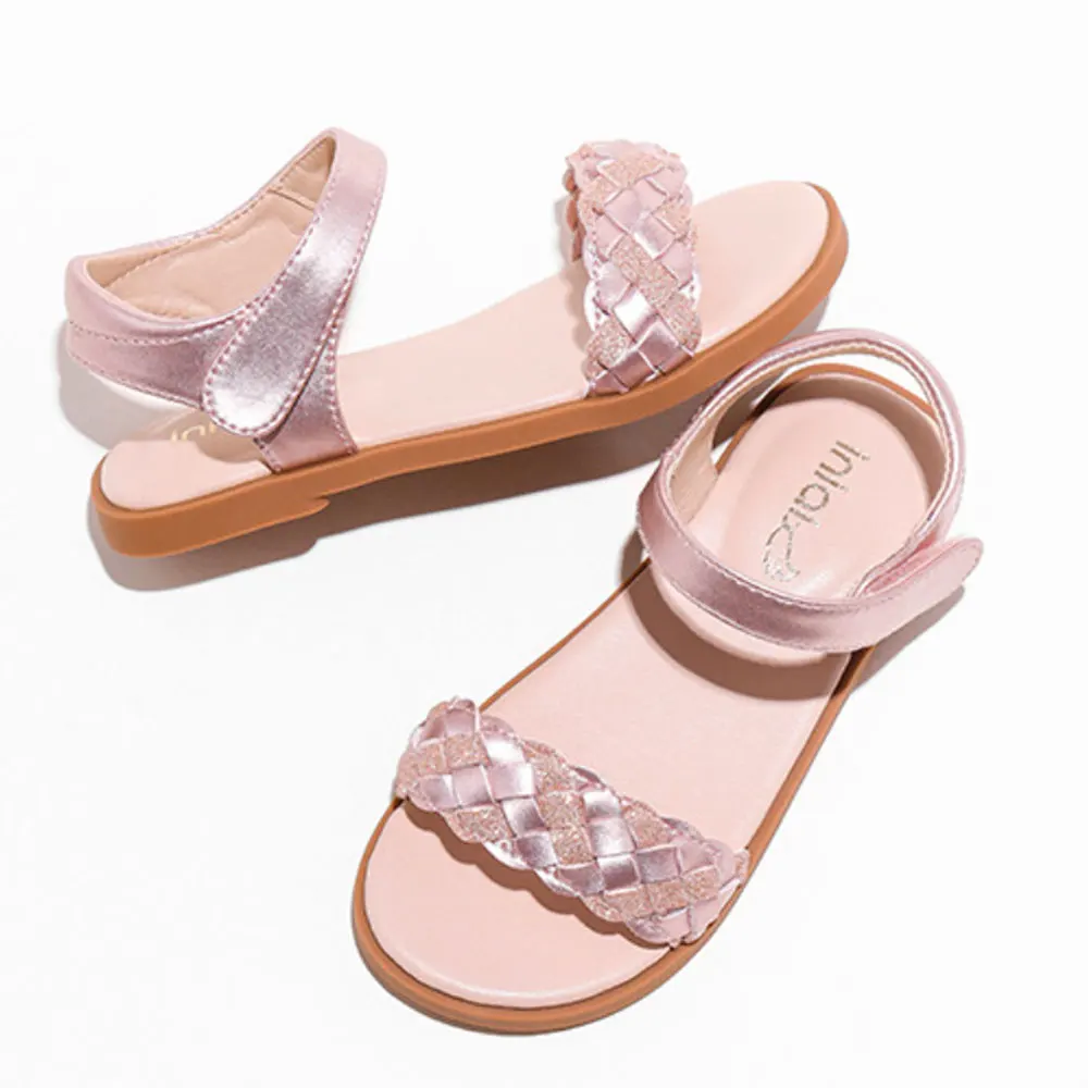 Toddler Girls Sandals Plaid Glitter Leather Shoes Kids Birthday Party Flats Shoes Baby Girls Princess Sandals Flower Girls Pink