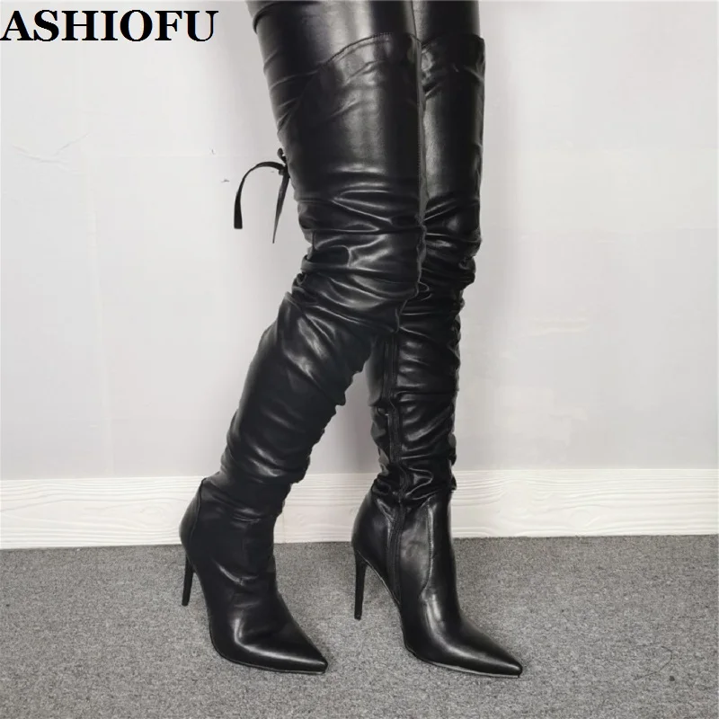 

ASHIOFU Handmade New Women's High Heel Boots Cross-straps Party Prom Over-the-knee Boots Winter Evening Fashion Thigh High Boots