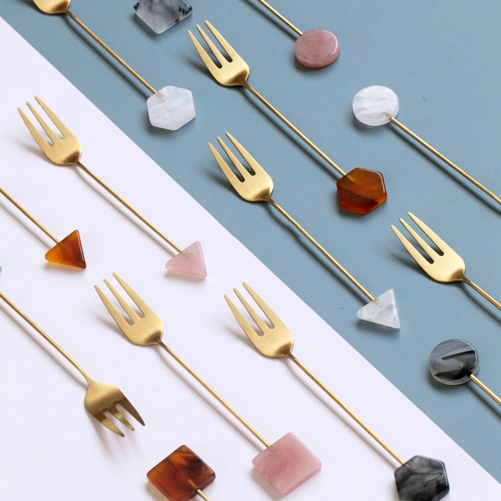 4pcs Stainless Steel Small Spoon Fork Set INS Coffee Tea Stirring Household Gold-Plated Acrylic Geometric Shape Spoons Forks