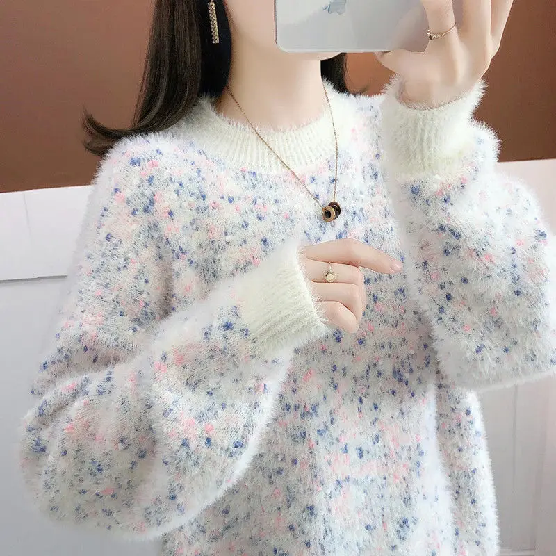 2023 New Women\'s Pullover Female Autumn Winter Cashmere/No Cashmere Sweater Imitation Mink Velvet Long-sleeved Knitted Top A459