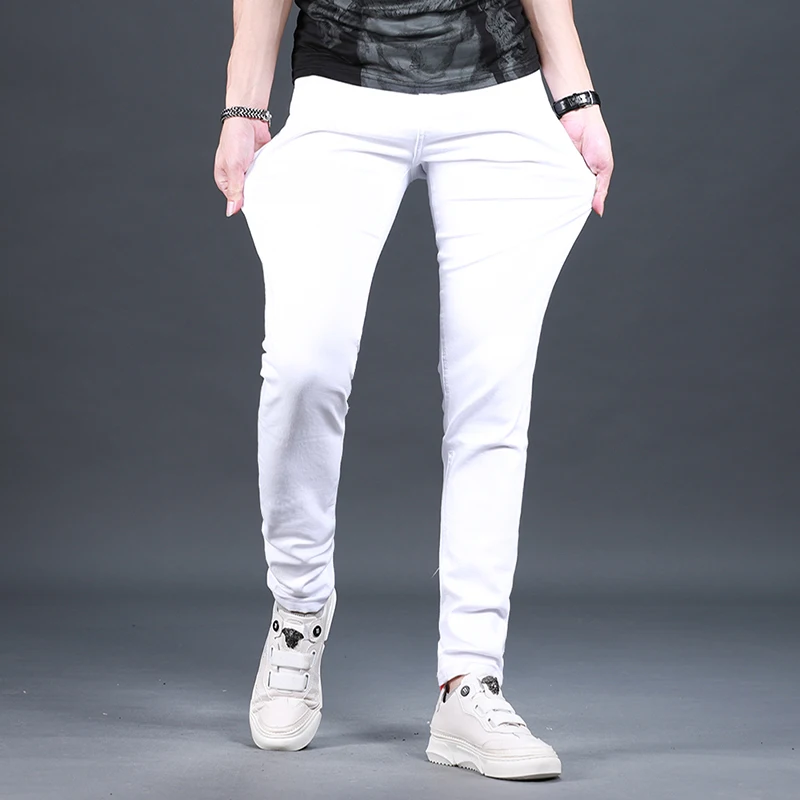 Summer White Jeans Men Korean Style Casual Lightweight Cotton Slim Fit Denim Pants
