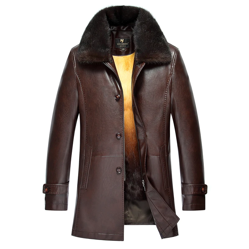 2025 جديد الرجال سترة دافئة الفراء بطانة الشتاء سترة جلدية الرجال الأسود/القهوة الفراء طوق انفصال فيستي أوم ، حجم كبير M-4XL