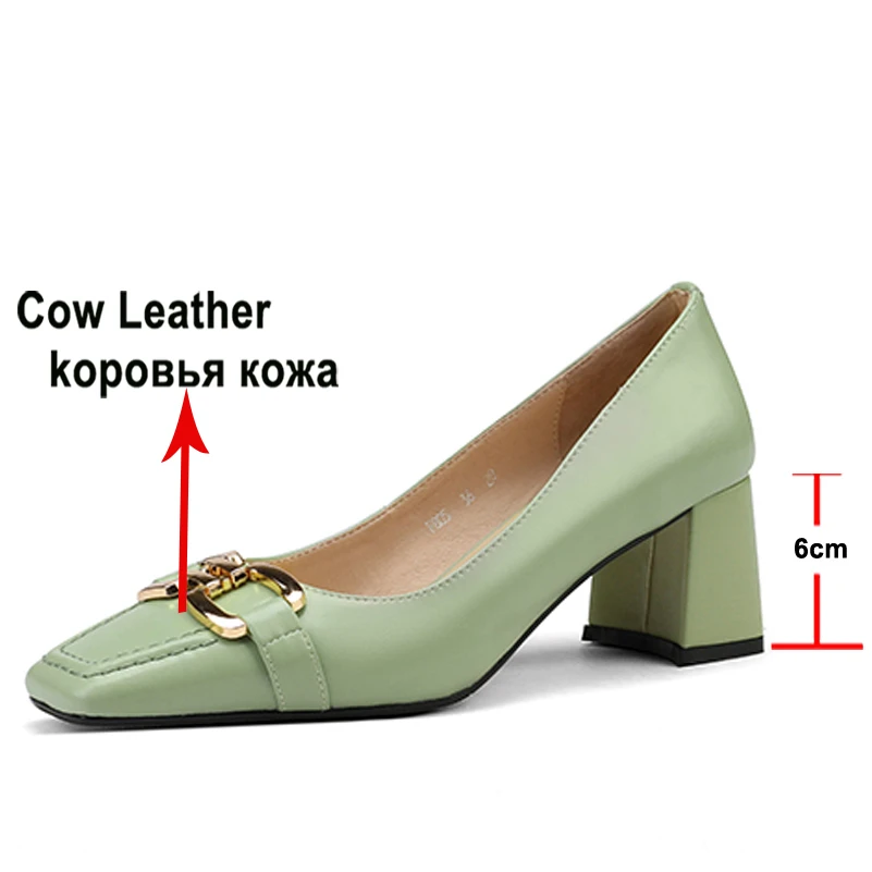 Meotina Women Fashion Shoes Genuine Leather Thick Heels Metal Decoration Pumps Elegant High Heel Ladies Footwear Spring Beige 42