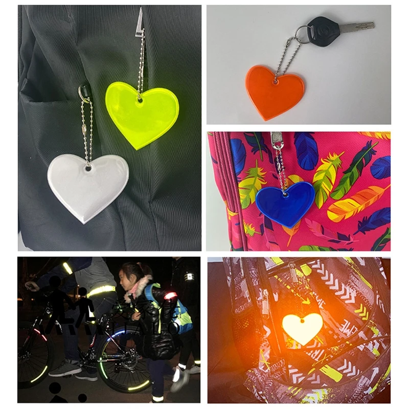 5Pcs Cute Heart Shape Reflective Keychain Bag Pendant Accessories Doft PVC Reflector Keyrings For Visible Safety