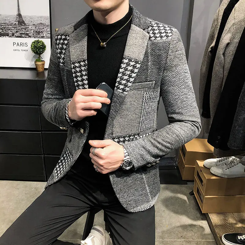 Men Plaid Suit Korean Mens Slim Fit Blazer Jacket Autumn Add Velvet Warm Mens Stylish Blazer Chaqueta Hombre Formal Suit Coat