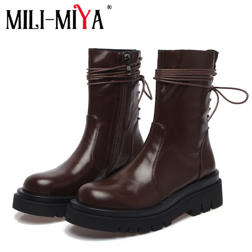 

MILI-MIYA 2021 New Lace Up Zipper Ankle Boots Women Thick Bottom Round Toe Genuine Leather Black Brown All Match Platform Shoes