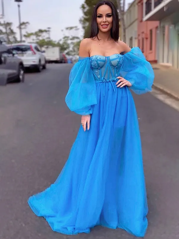 Azul vestidos de baile a linha fora do ombro mangas compridas tule com miçangas longo vestido de baile vestidos de noite robe de soiree